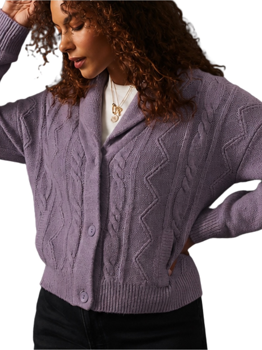 Anthropologie Pilcro Purple Cable Knit Cropped Collared Cardigan Sweater S